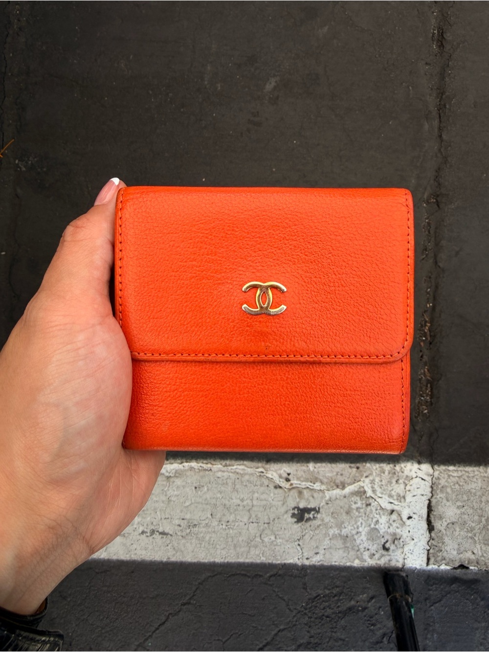 CHANEL Orange Leather Compact Wallet with Gold CC Emblem